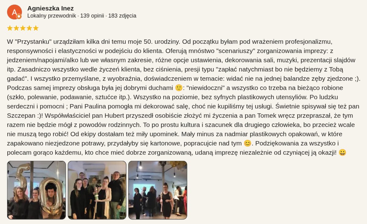Opinia klientki o Przystanku Impreza